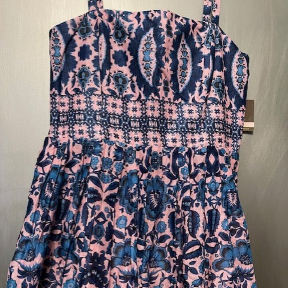 Taylor Retro Pink & Blue Floral Pleated Dress With Pockets Spaghetti Straps - Picture 10 of 16